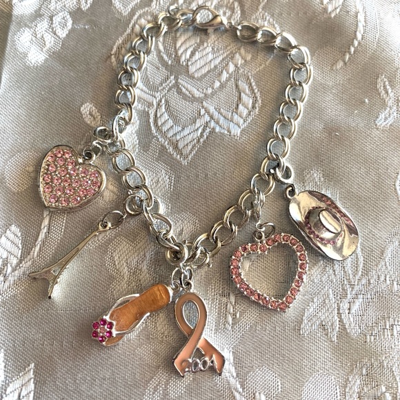 Vintage Silver and Pink Breast Cancer Survivor Charm Bracelet - Picture 1 of 9